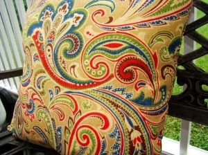Red Yellow Blue Green Paisley Outdoor Pillow by mustlovehomedecor at Etsy